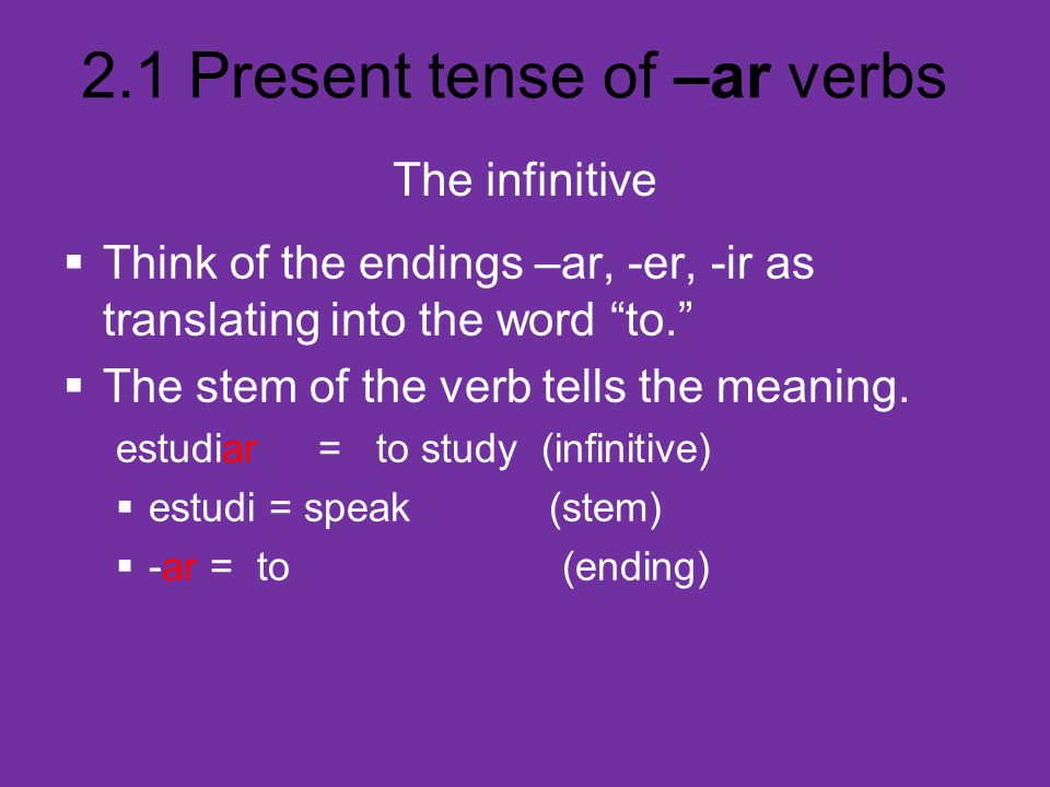 Think of the endings –ar, -er, -ir as translating into the word to.