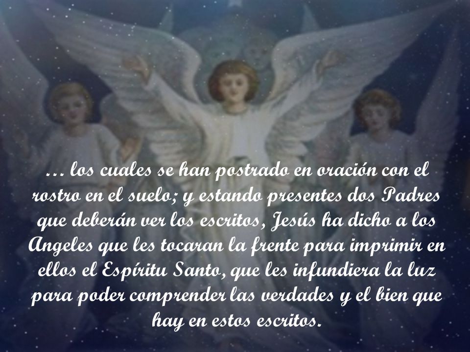 … los cuales se han postrado en oración con el rostro en el suelo; y estando presentes dos Padres que deberán ver los escritos, Jesús ha dicho a los Angeles que les tocaran la frente para imprimir en ellos el Espíritu Santo, que les infundiera la luz para poder comprender las verdades y el bien que hay en estos escritos.