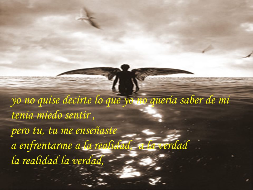yo no quise decirte lo que yo no quería saber de mi tenia miedo sentir , pero tu, tu me enseñaste a enfrentarme a la realidad, a la verdad la realidad la verdad,