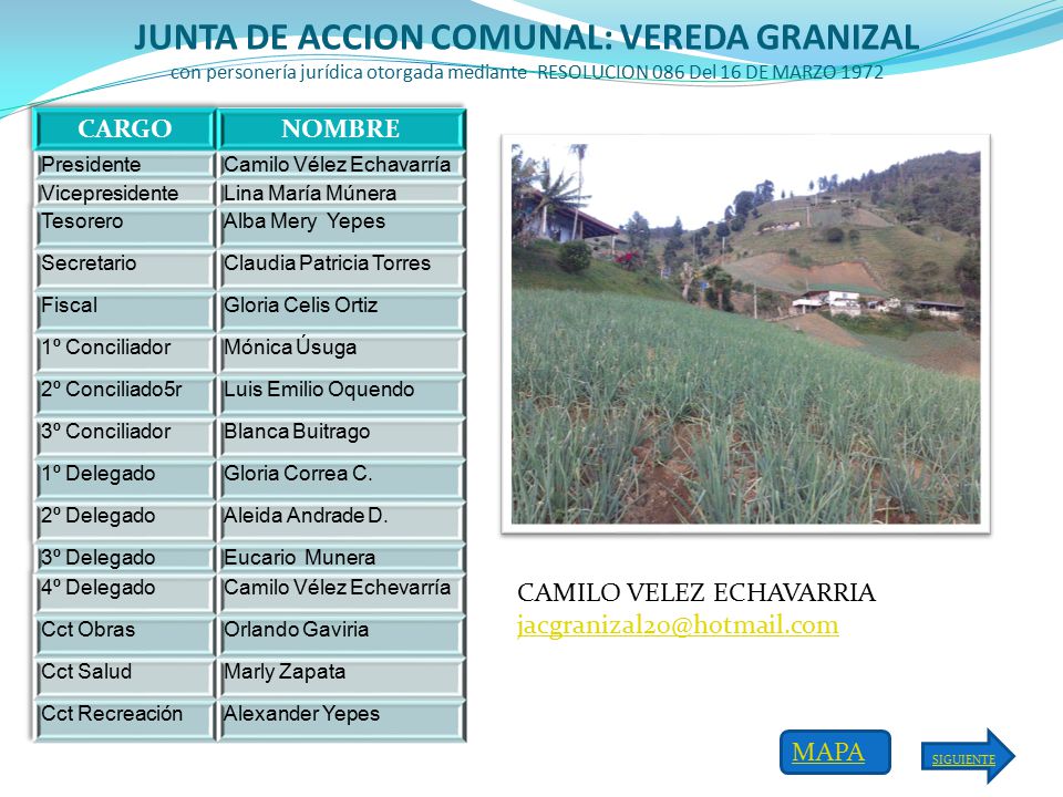 JUNTA DE ACCION COMUNAL: VEREDA GRANIZAL con personería jurídica otorgada mediante RESOLUCION 086 Del 16 DE MARZO 1972