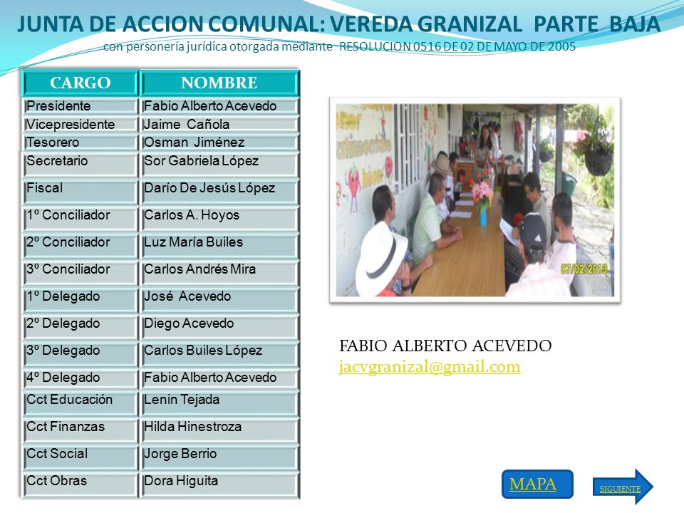 JUNTA DE ACCION COMUNAL: VEREDA GRANIZAL PARTE BAJA con personería jurídica otorgada mediante RESOLUCION 0516 DE 02 DE MAYO DE 2005