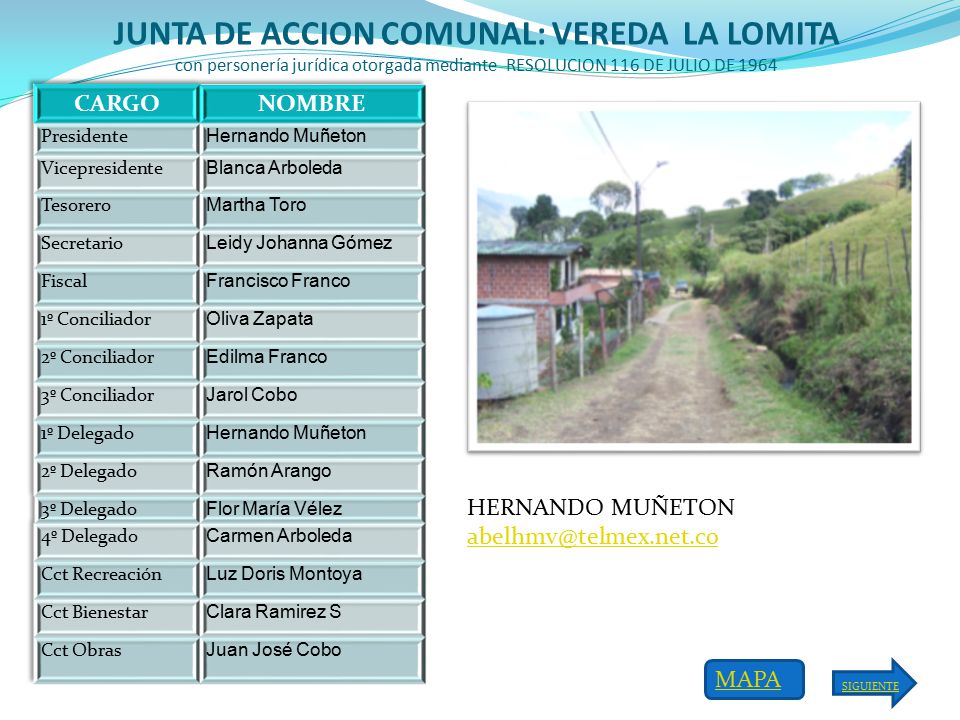 JUNTA DE ACCION COMUNAL: VEREDA LA LOMITA con personería jurídica otorgada mediante RESOLUCION 116 DE JULIO DE 1964