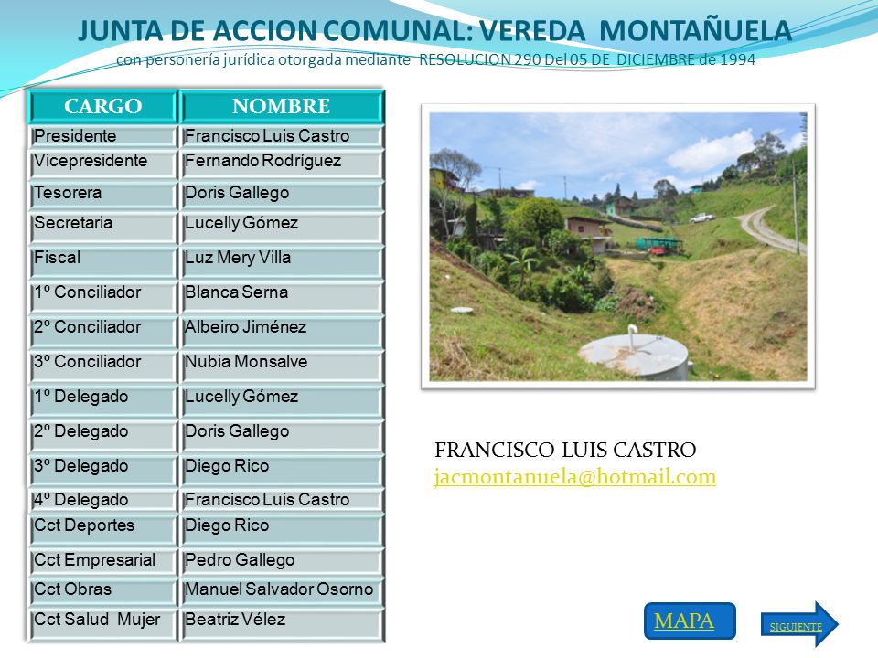 JUNTA DE ACCION COMUNAL: VEREDA MONTAÑUELA con personería jurídica otorgada mediante RESOLUCION 290 Del 05 DE DICIEMBRE de 1994