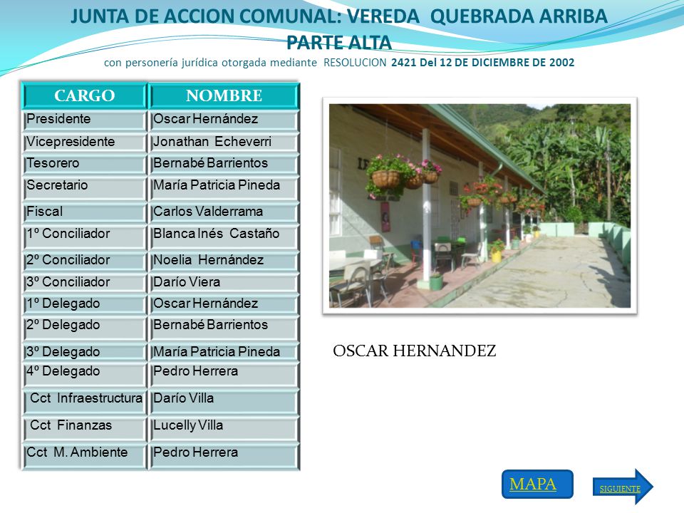 JUNTA DE ACCION COMUNAL: VEREDA QUEBRADA ARRIBA PARTE ALTA con personería jurídica otorgada mediante RESOLUCION 2421 Del 12 DE DICIEMBRE DE 2002