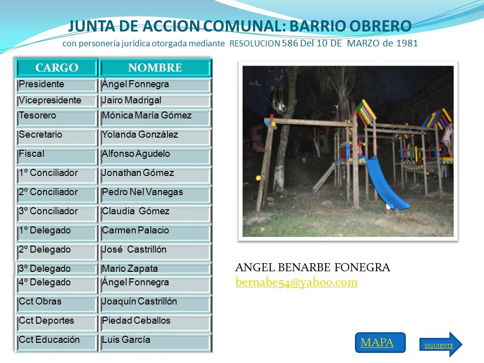 JUNTA DE ACCION COMUNAL: BARRIO OBRERO con personería jurídica otorgada mediante RESOLUCION 586 Del 10 DE MARZO de 1981