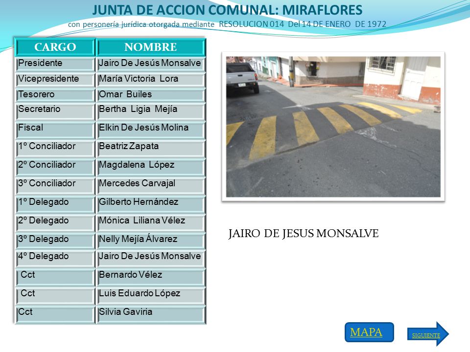 JUNTA DE ACCION COMUNAL: MIRAFLORES con personería jurídica otorgada mediante RESOLUCION 014 Del 14 DE ENERO DE 1972