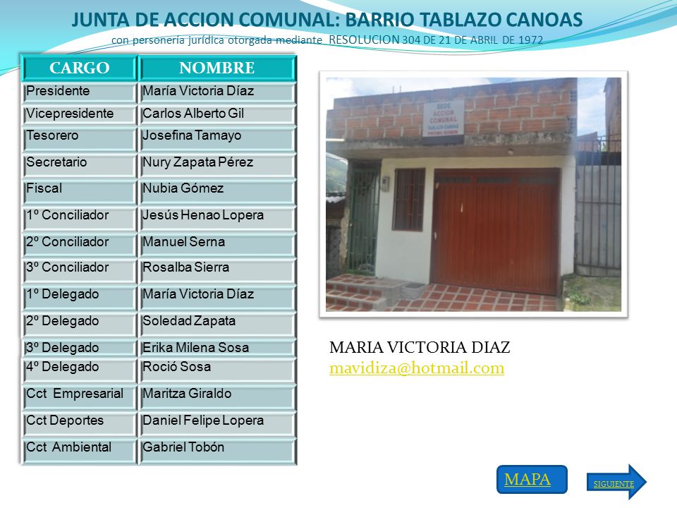 JUNTA DE ACCION COMUNAL: BARRIO TABLAZO CANOAS con personería jurídica otorgada mediante RESOLUCION 304 DE 21 DE ABRIL DE 1972