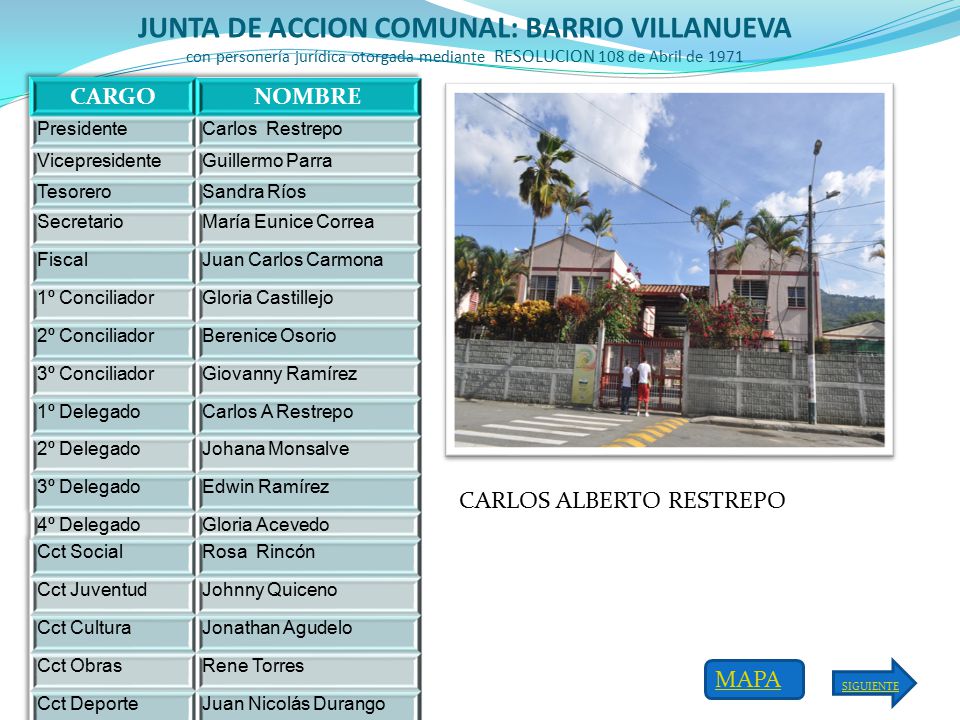 JUNTA DE ACCION COMUNAL: BARRIO VILLANUEVA con personería jurídica otorgada mediante RESOLUCION 108 de Abril de 1971