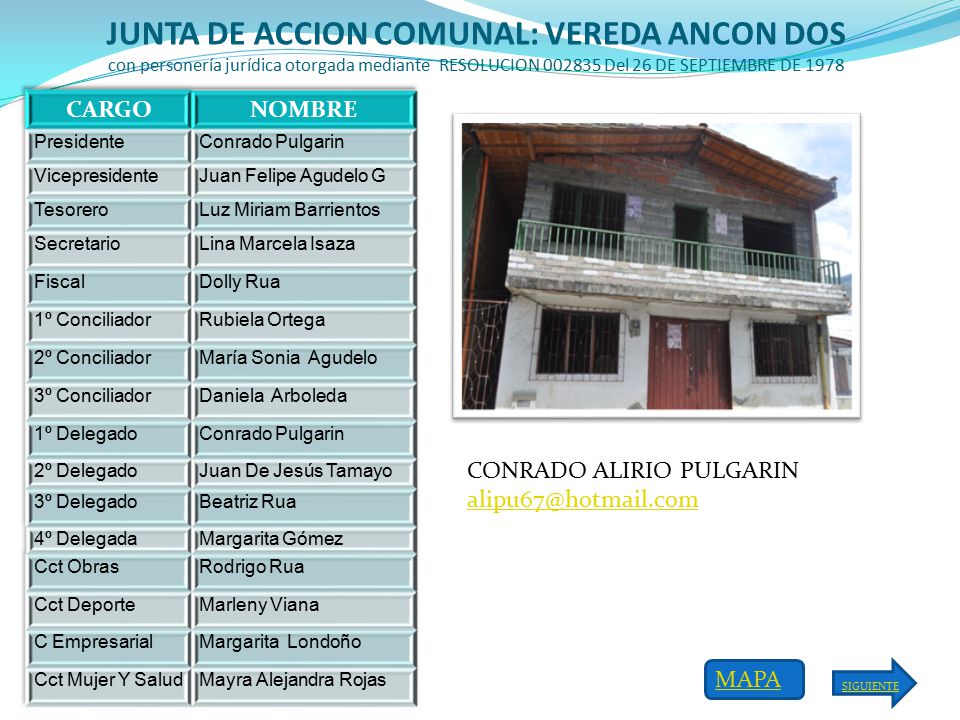 JUNTA DE ACCION COMUNAL: VEREDA ANCON DOS con personería jurídica otorgada mediante RESOLUCION Del 26 DE SEPTIEMBRE DE 1978
