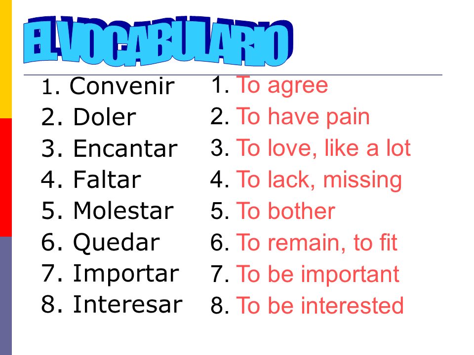 EL VOCABULARIO 1. To agree 2. Doler 3. Encantar 4. Faltar 5. Molestar