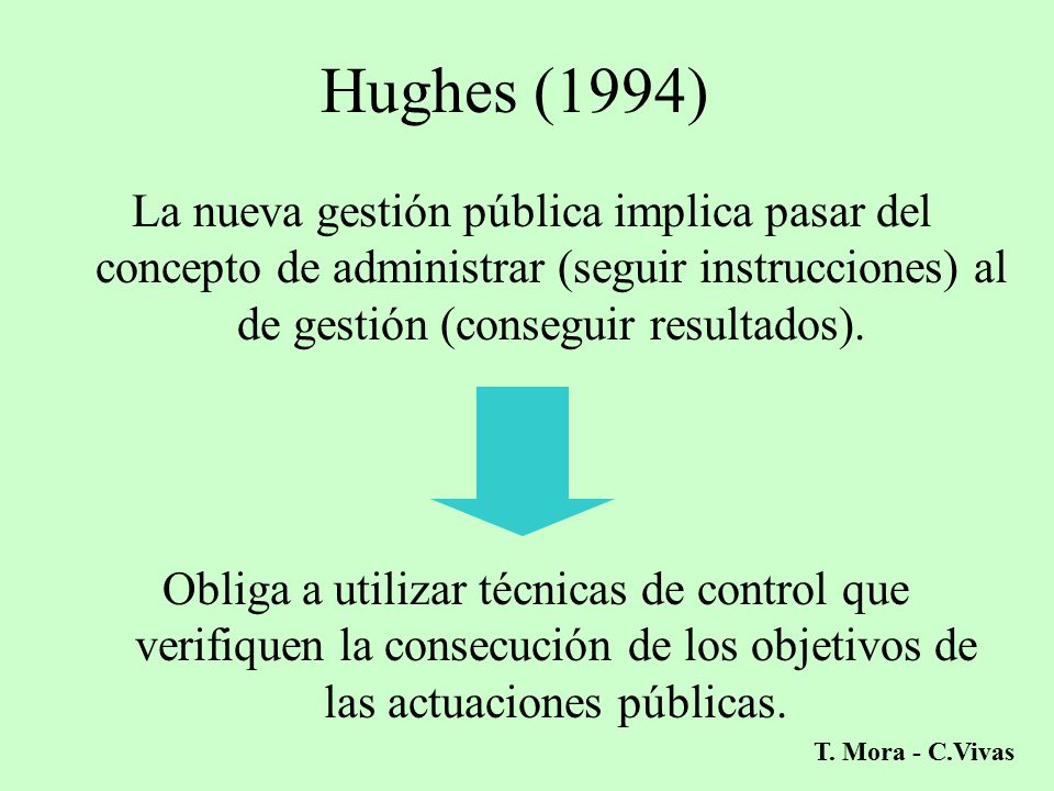 Hughes (1994) La nueva gestión pública implica pasar del concepto de administrar (seguir instrucciones) al de gestión (conseguir resultados).