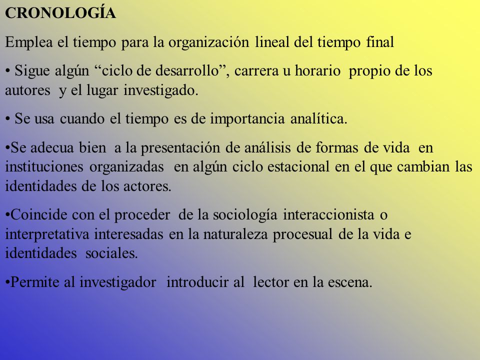 CRONOLOGÍA Emplea el tiempo para la organización lineal del tiempo final.
