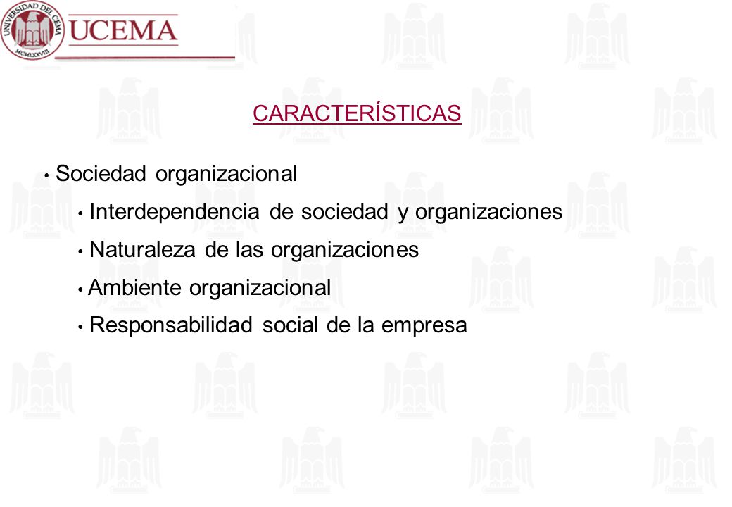 CARACTERÍSTICAS Sociedad organizacional. Interdependencia de sociedad y organizaciones. Naturaleza de las organizaciones.