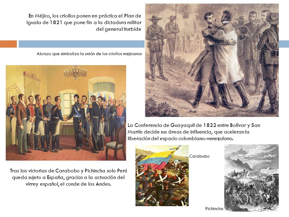 En Méjico, los criollos ponen en práctica el Plan de Iguala de 1821 que pone fin a la dictadura militar del general Iturbide