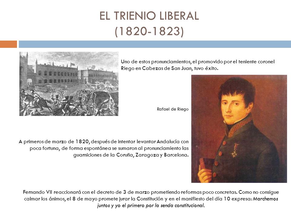 EL TRIENIO LIBERAL ( ) Uno de estos pronunciamientos, el promovido por el teniente coronel Riego en Cabezas de San Juan, tuvo éxito.