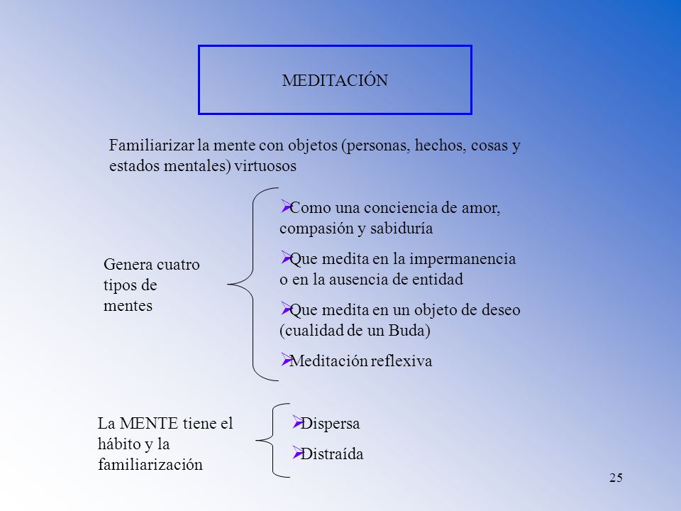 MEDITACIÓN Familiarizar la mente con objetos (personas, hechos, cosas y estados mentales) virtuosos.
