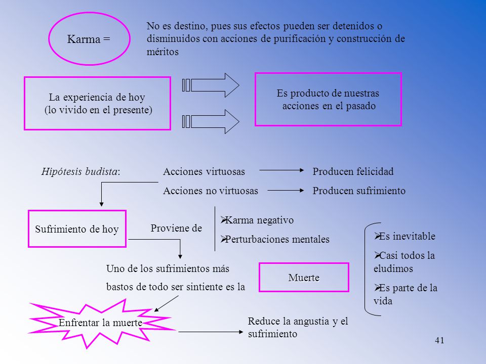 Karma = No es destino, pues sus efectos pueden ser detenidos o disminuidos con acciones de purificación y construcción de méritos.