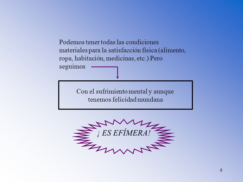 Podemos tener todas las condiciones materiales para la satisfacción física (alimento, ropa, habitación, medicinas, etc.) Pero seguimos