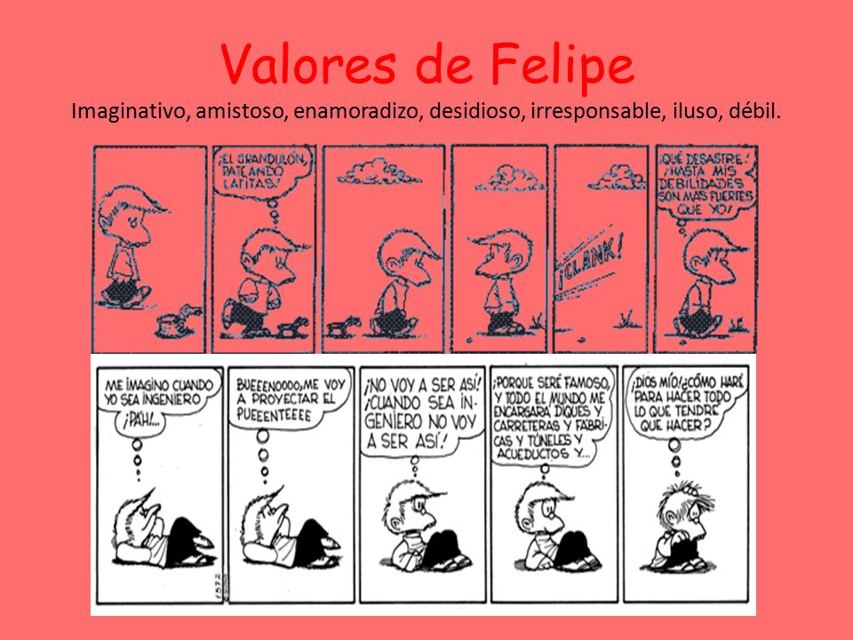 Valores de Felipe Imaginativo, amistoso, enamoradizo, desidioso, irresponsable, iluso, débil.