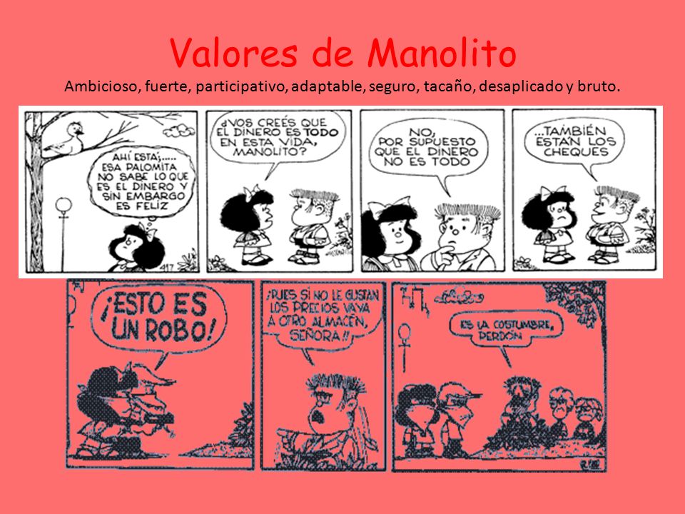 Valores de Manolito Ambicioso, fuerte, participativo, adaptable, seguro, tacaño, desaplicado y bruto.