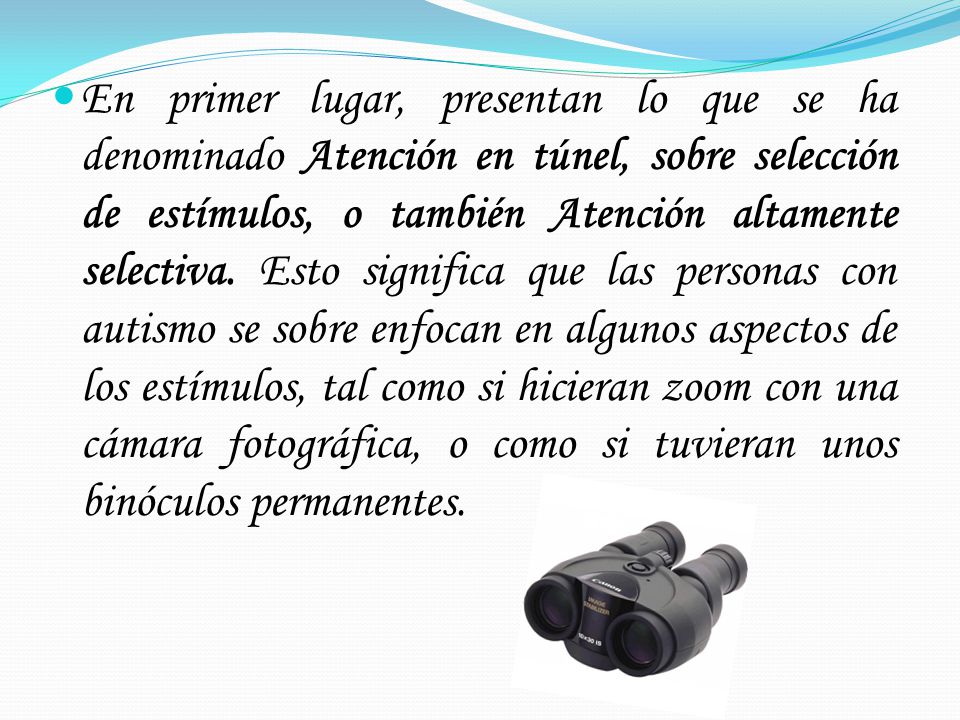 En primer lugar, presentan lo que se ha denominado Atención en túnel, sobre selección de estímulos, o también Atención altamente selectiva.