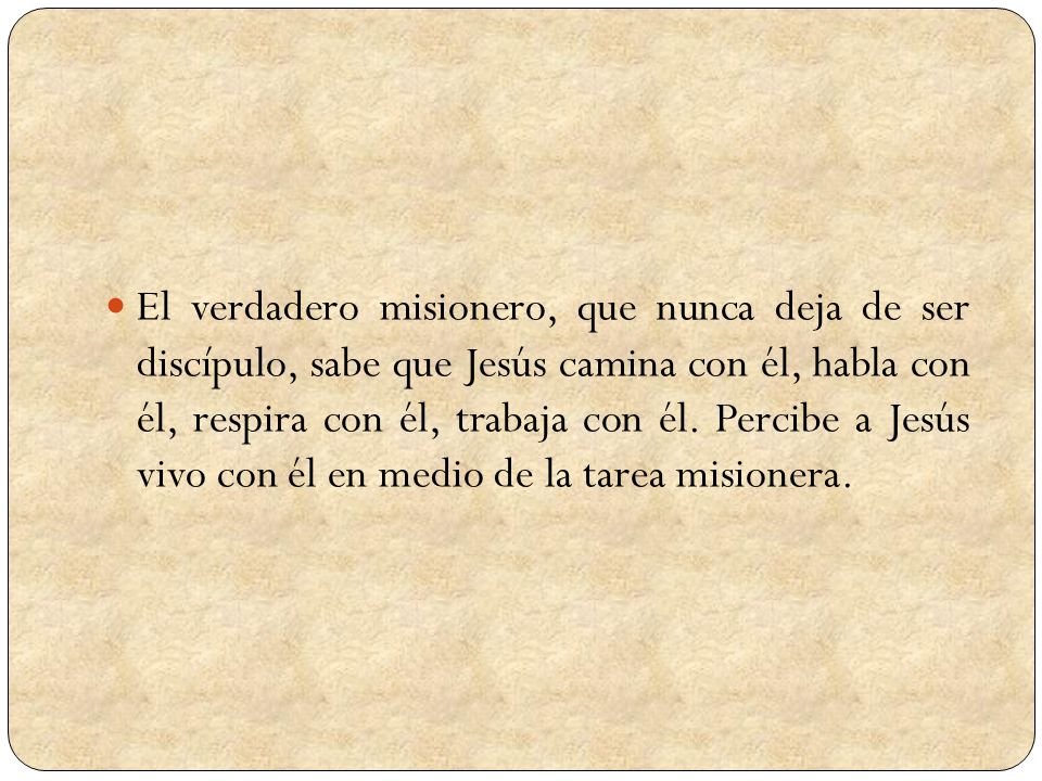 El verdadero misionero, que nunca deja de ser discípulo, sabe que Jesús camina con él, habla con él, respira con él, trabaja con él.