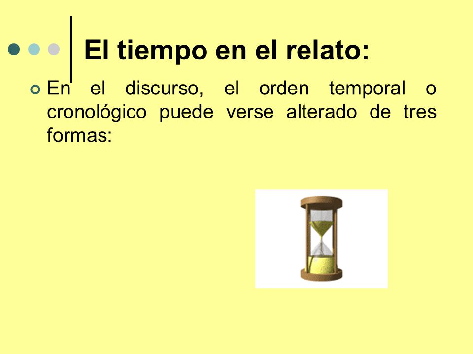 El tiempo en el relato: En el discurso, el orden temporal o cronológico puede verse alterado de tres formas:
