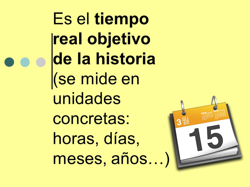 Es el tiempo real objetivo de la historia (se mide en unidades concretas: horas, días, meses, años…)