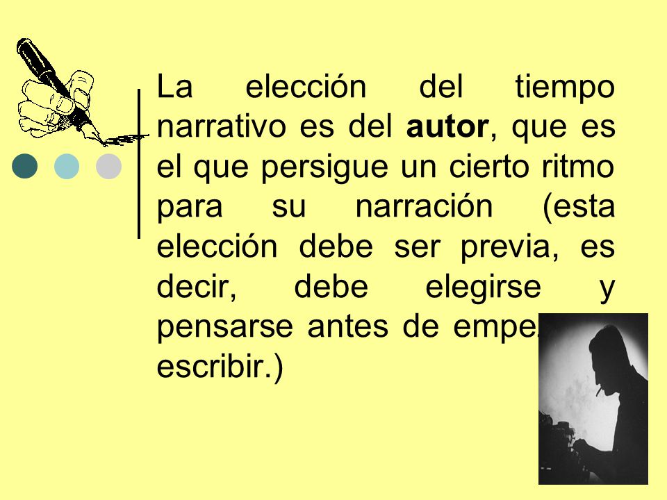 La elección del tiempo narrativo es del autor, que es el que persigue un cierto ritmo para su narración (esta elección debe ser previa, es decir, debe elegirse y pensarse antes de empezar a escribir.)