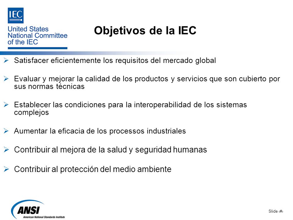 Objetivos de la IEC Satisfacer eficientemente los requisitos del mercado global.