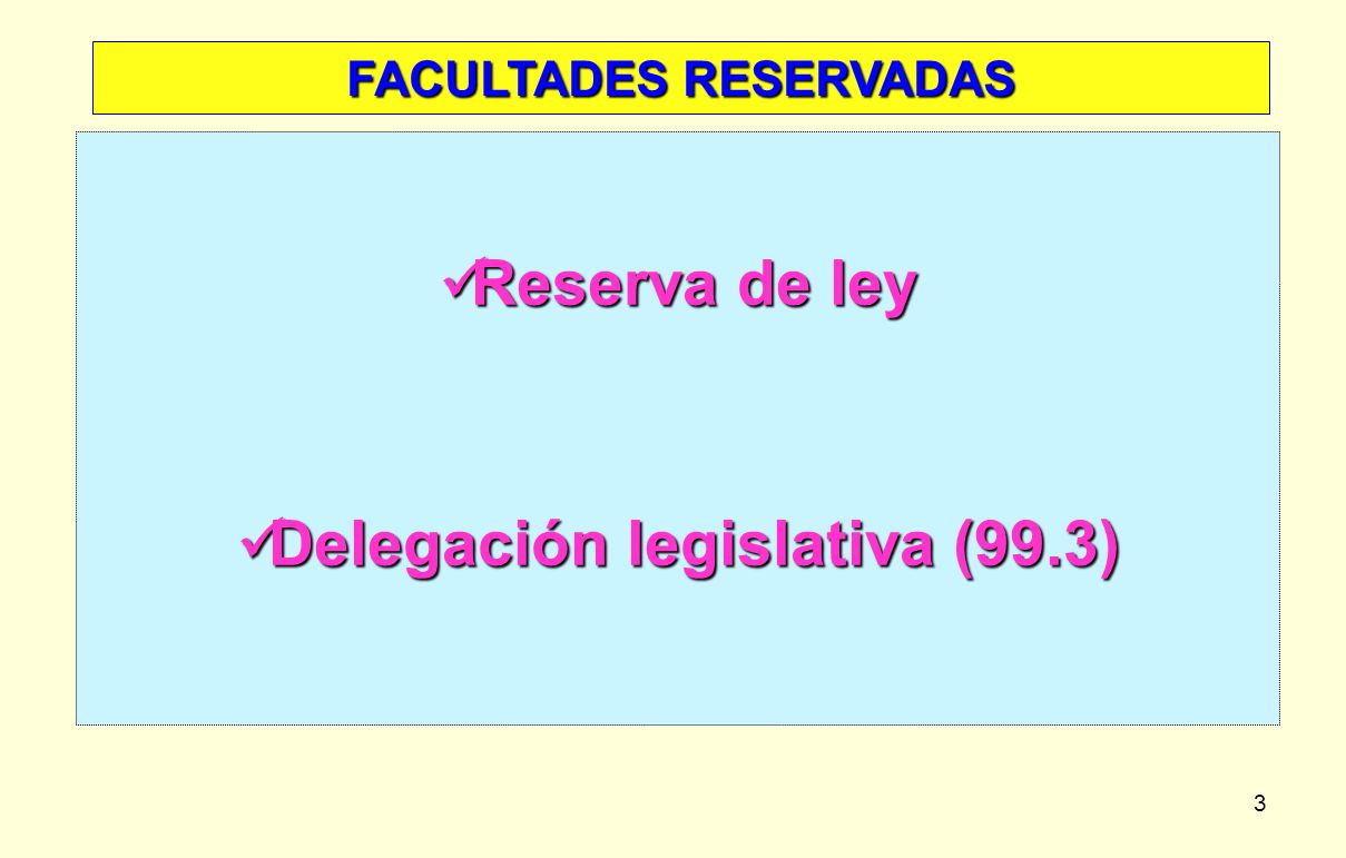 FACULTADES RESERVADAS Delegación legislativa (99.3)