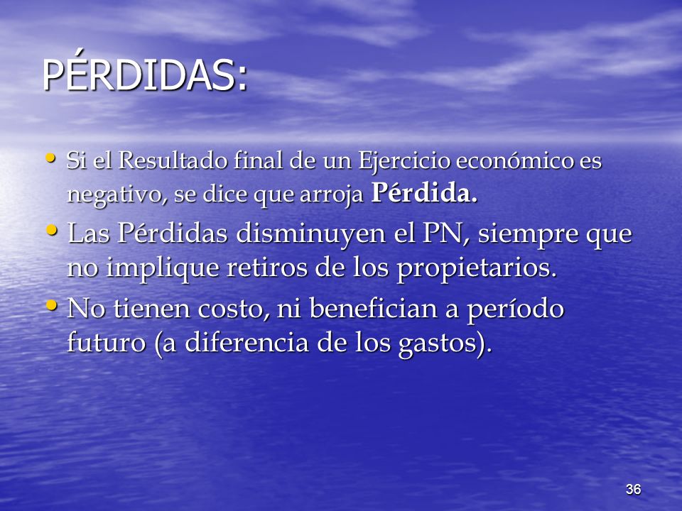 PÉRDIDAS: Si el Resultado final de un Ejercicio económico es negativo, se dice que arroja Pérdida.