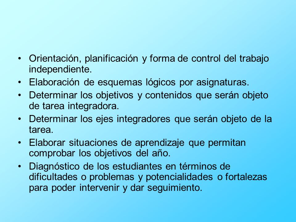 Orientación, planificación y forma de control del trabajo independiente.