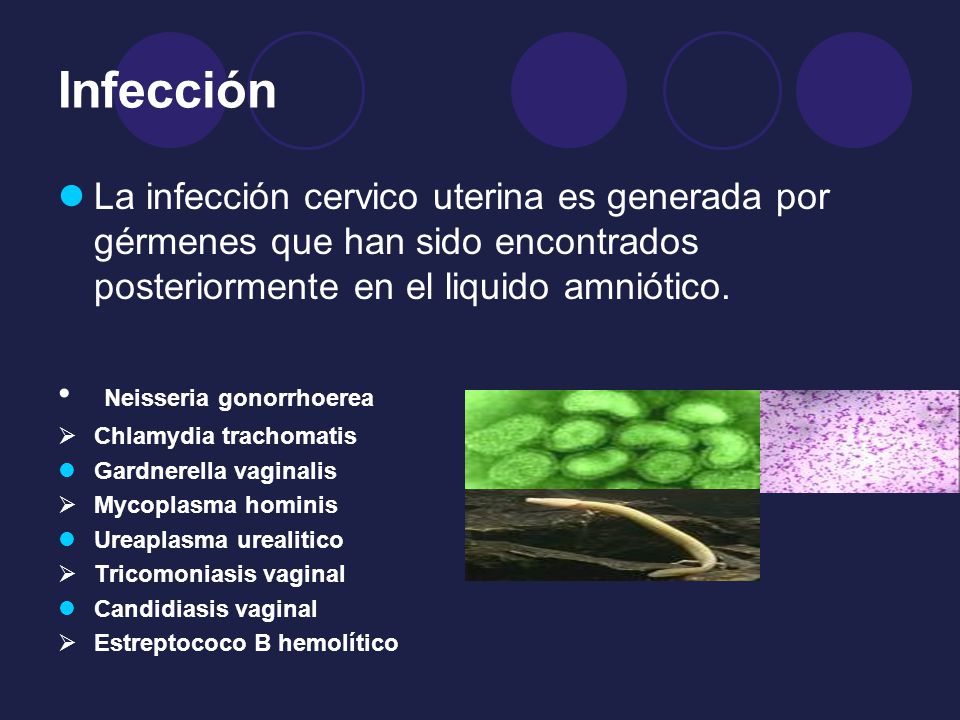 Infección La infección cervico uterina es generada por gérmenes que han sido encontrados posteriormente en el liquido amniótico.