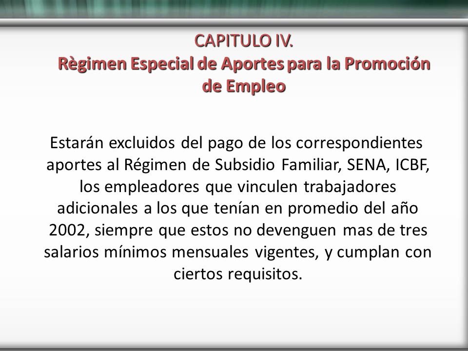 CAPITULO IV. Règimen Especial de Aportes para la Promoción de Empleo
