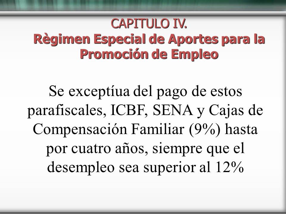 CAPITULO IV. Règimen Especial de Aportes para la Promoción de Empleo