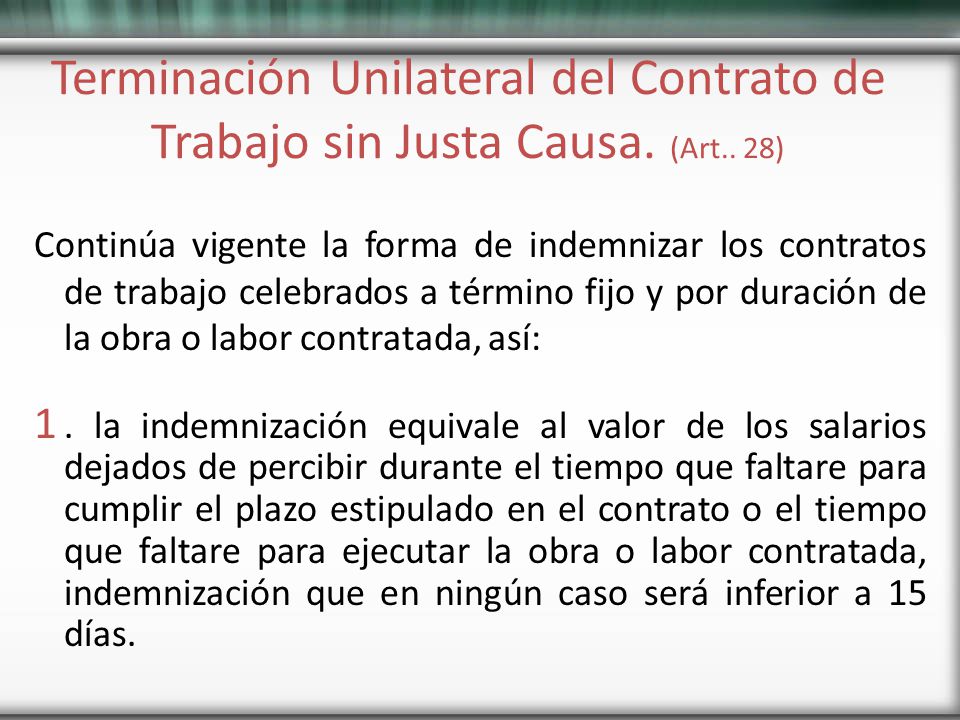 Terminación Unilateral del Contrato de Trabajo sin Justa Causa. (Art