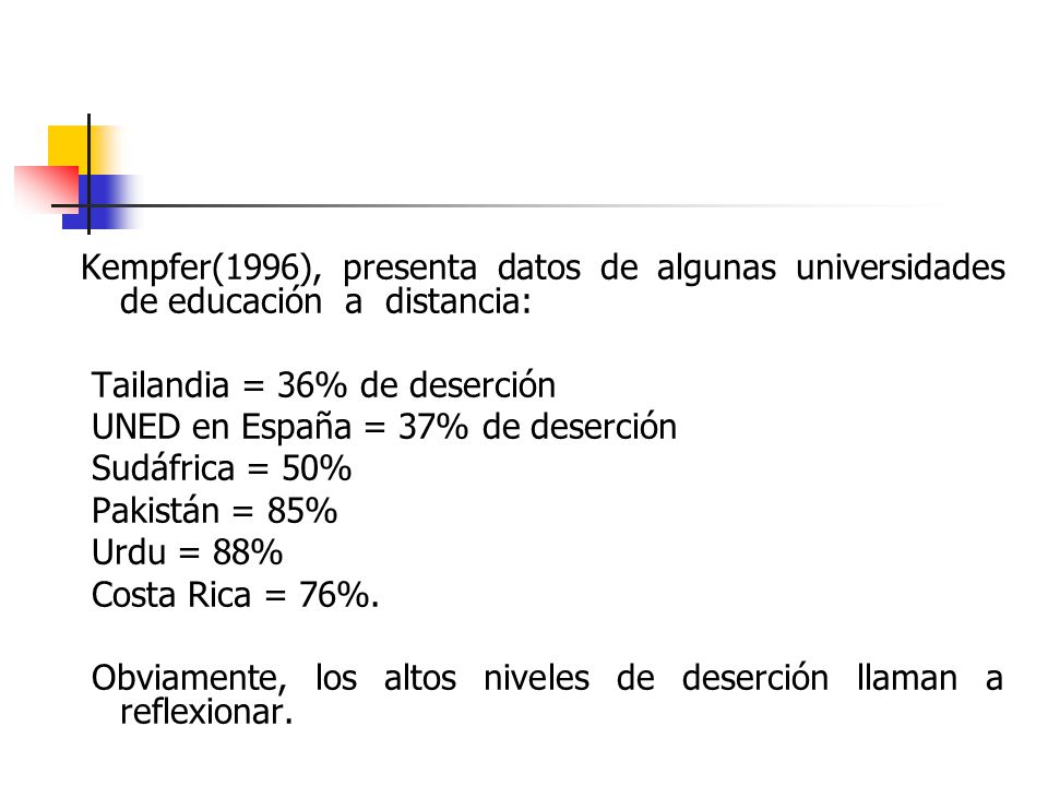 Kempfer(1996), presenta datos de algunas universidades de educación a distancia: