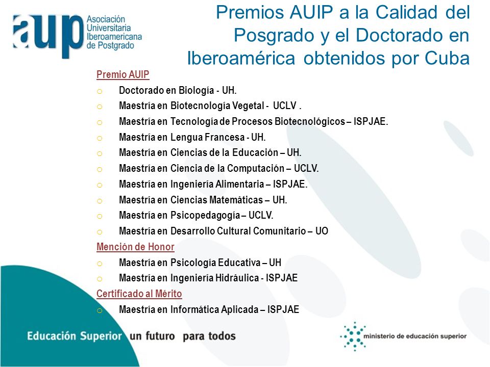Premios AUIP a la Calidad del Posgrado y el Doctorado en Iberoamérica obtenidos por Cuba