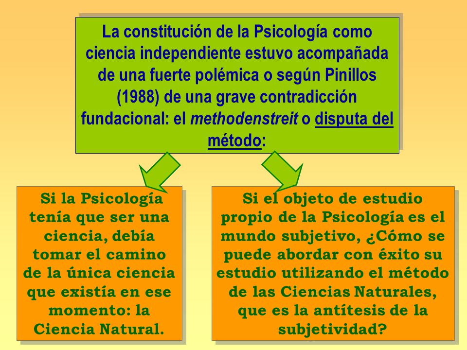 La constitución de la Psicología como ciencia independiente estuvo acompañada de una fuerte polémica o según Pinillos (1988) de una grave contradicción fundacional: el methodenstreit o disputa del método: