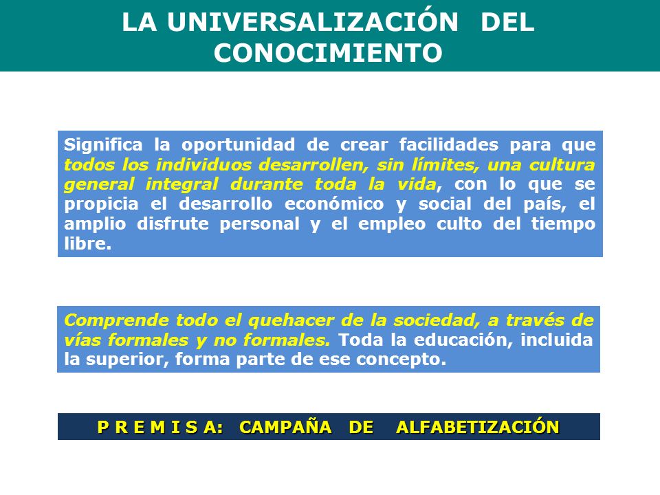 LA UNIVERSALIZACIÓN DEL P R E M I S A: CAMPAÑA DE ALFABETIZACIÓN