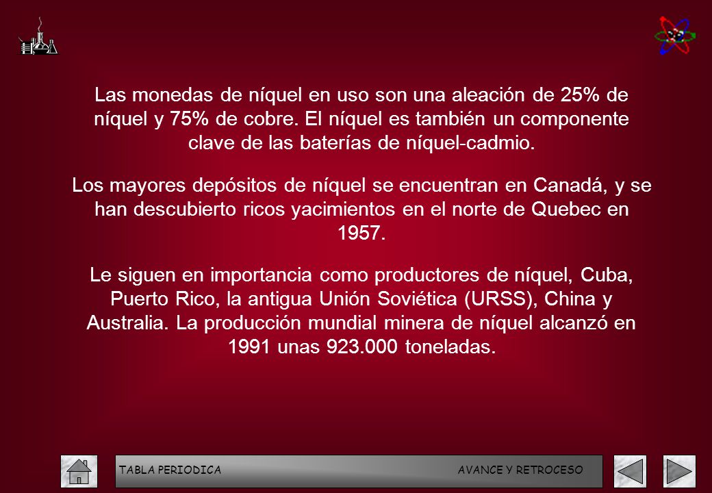 Las monedas de níquel en uso son una aleación de 25% de níquel y 75% de cobre. El níquel es también un componente clave de las baterías de níquel-cadmio.