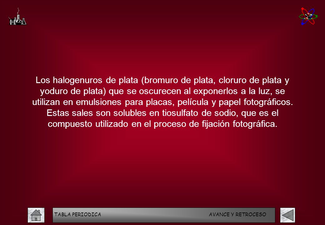 Los halogenuros de plata (bromuro de plata, cloruro de plata y yoduro de plata) que se oscurecen al exponerlos a la luz, se utilizan en emulsiones para placas, película y papel fotográficos. Estas sales son solubles en tiosulfato de sodio, que es el compuesto utilizado en el proceso de fijación fotográfica.