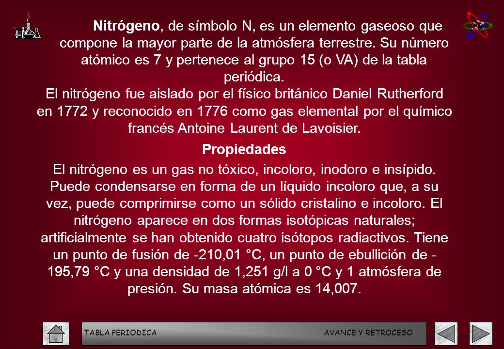 Nitrógeno, de símbolo N, es un elemento gaseoso que compone la mayor parte de la atmósfera terrestre. Su número atómico es 7 y pertenece al grupo 15 (o VA) de la tabla periódica.