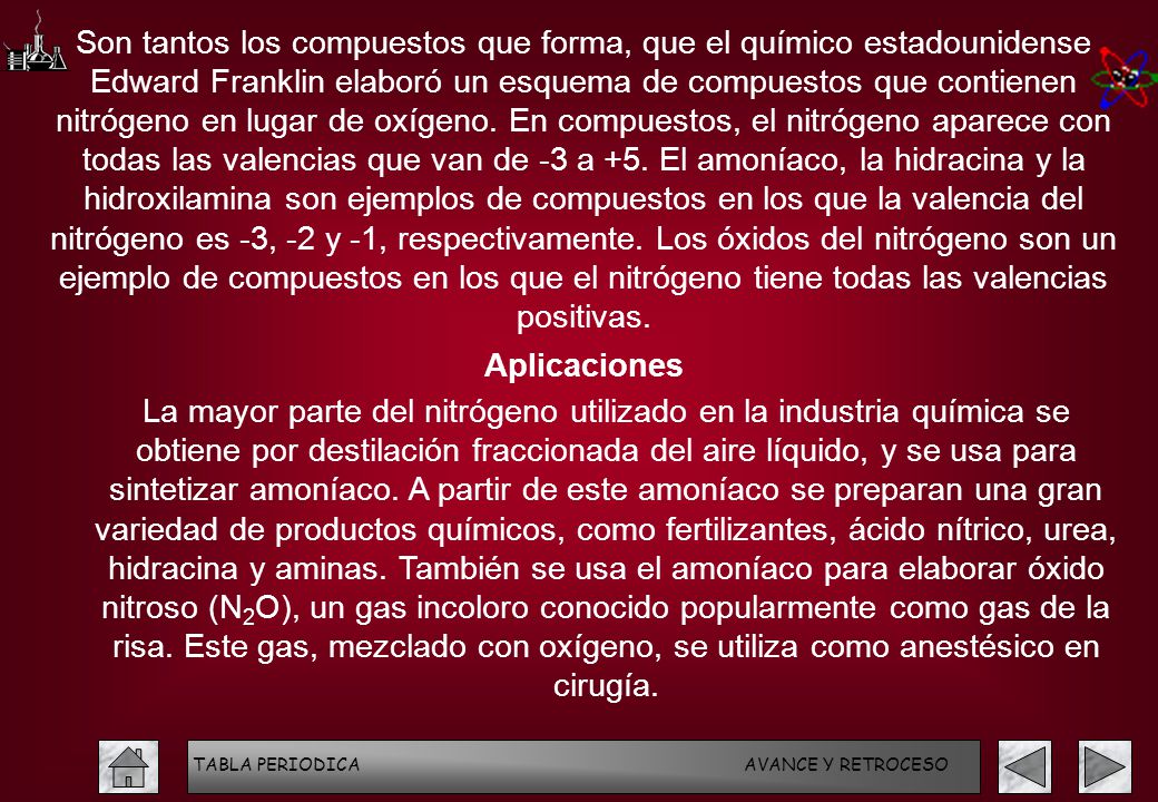 Son tantos los compuestos que forma, que el químico estadounidense Edward Franklin elaboró un esquema de compuestos que contienen nitrógeno en lugar de oxígeno. En compuestos, el nitrógeno aparece con todas las valencias que van de -3 a +5. El amoníaco, la hidracina y la hidroxilamina son ejemplos de compuestos en los que la valencia del nitrógeno es -3, -2 y -1, respectivamente. Los óxidos del nitrógeno son un ejemplo de compuestos en los que el nitrógeno tiene todas las valencias positivas.