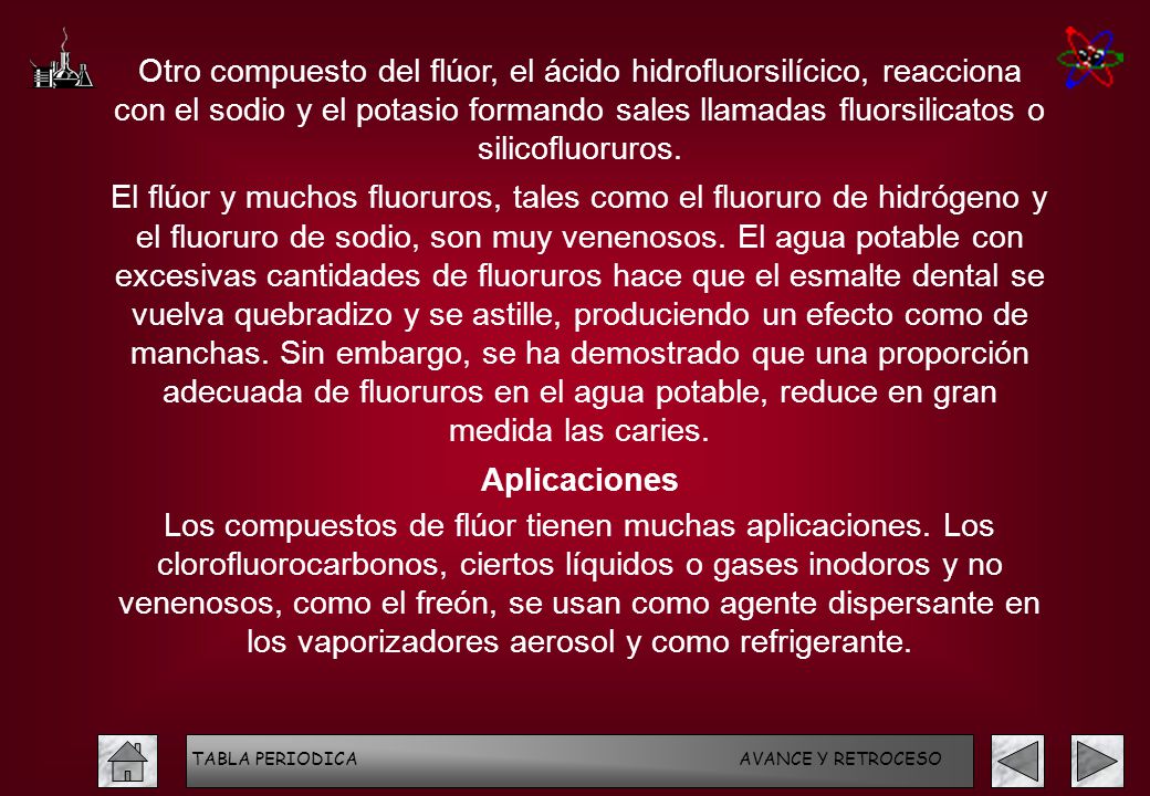 Otro compuesto del flúor, el ácido hidrofluorsilícico, reacciona con el sodio y el potasio formando sales llamadas fluorsilicatos o silicofluoruros.