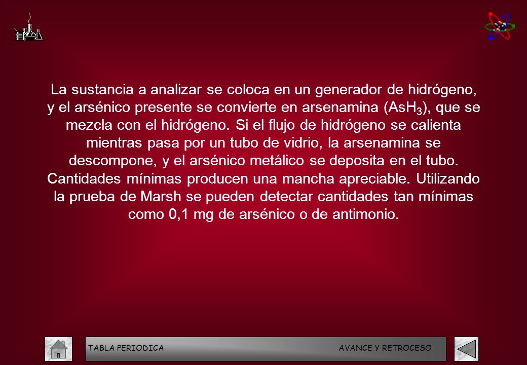 La sustancia a analizar se coloca en un generador de hidrógeno, y el arsénico presente se convierte en arsenamina (AsH3), que se mezcla con el hidrógeno. Si el flujo de hidrógeno se calienta mientras pasa por un tubo de vidrio, la arsenamina se descompone, y el arsénico metálico se deposita en el tubo. Cantidades mínimas producen una mancha apreciable. Utilizando la prueba de Marsh se pueden detectar cantidades tan mínimas como 0,1 mg de arsénico o de antimonio.
