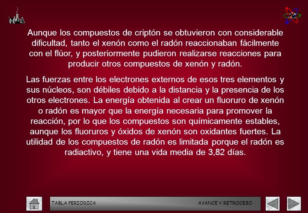 Aunque los compuestos de criptón se obtuvieron con considerable dificultad, tanto el xenón como el radón reaccionaban fácilmente con el flúor, y posteriormente pudieron realizarse reacciones para producir otros compuestos de xenón y radón.