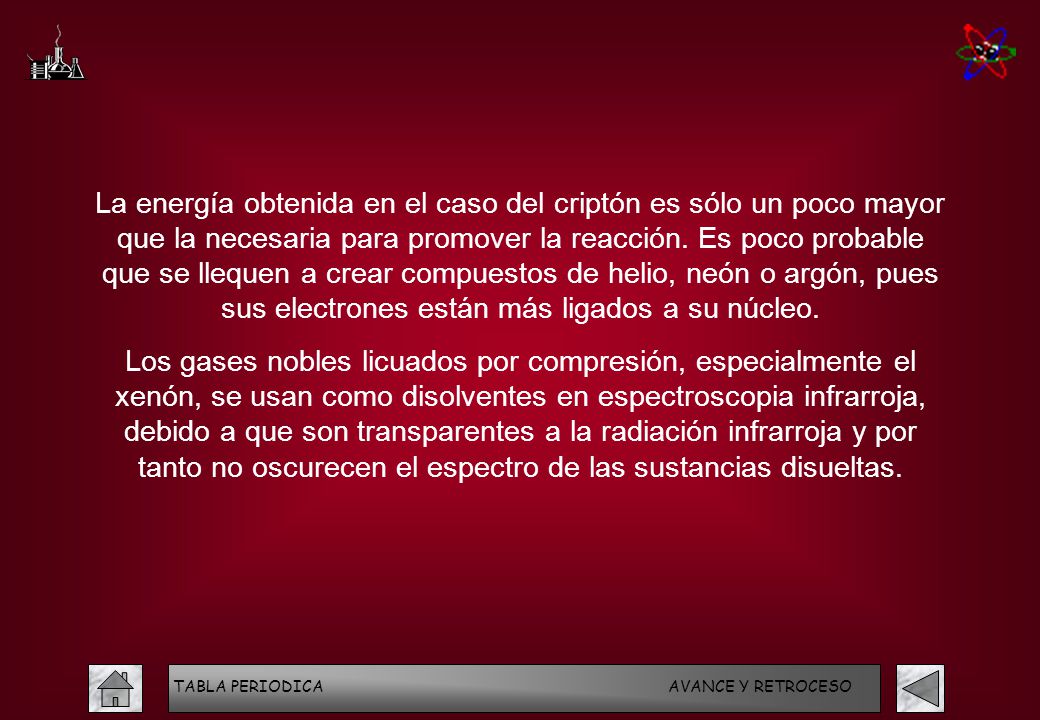 La energía obtenida en el caso del criptón es sólo un poco mayor que la necesaria para promover la reacción. Es poco probable que se llequen a crear compuestos de helio, neón o argón, pues sus electrones están más ligados a su núcleo.