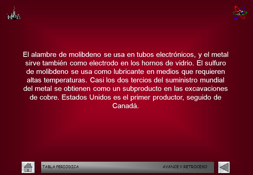 El alambre de molibdeno se usa en tubos electrónicos, y el metal sirve también como electrodo en los hornos de vidrio. El sulfuro de molibdeno se usa como lubricante en medios que requieren altas temperaturas. Casi los dos tercios del suministro mundial del metal se obtienen como un subproducto en las excavaciones de cobre. Estados Unidos es el primer productor, seguido de Canadá.